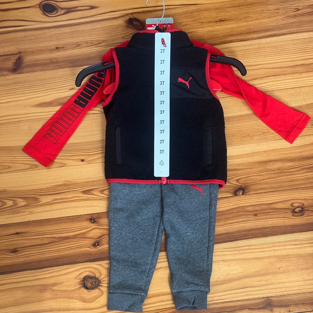 NWT Puma Kids' Red Black 3-Piece Set Vest Longsleeve Pants 3T bundle
